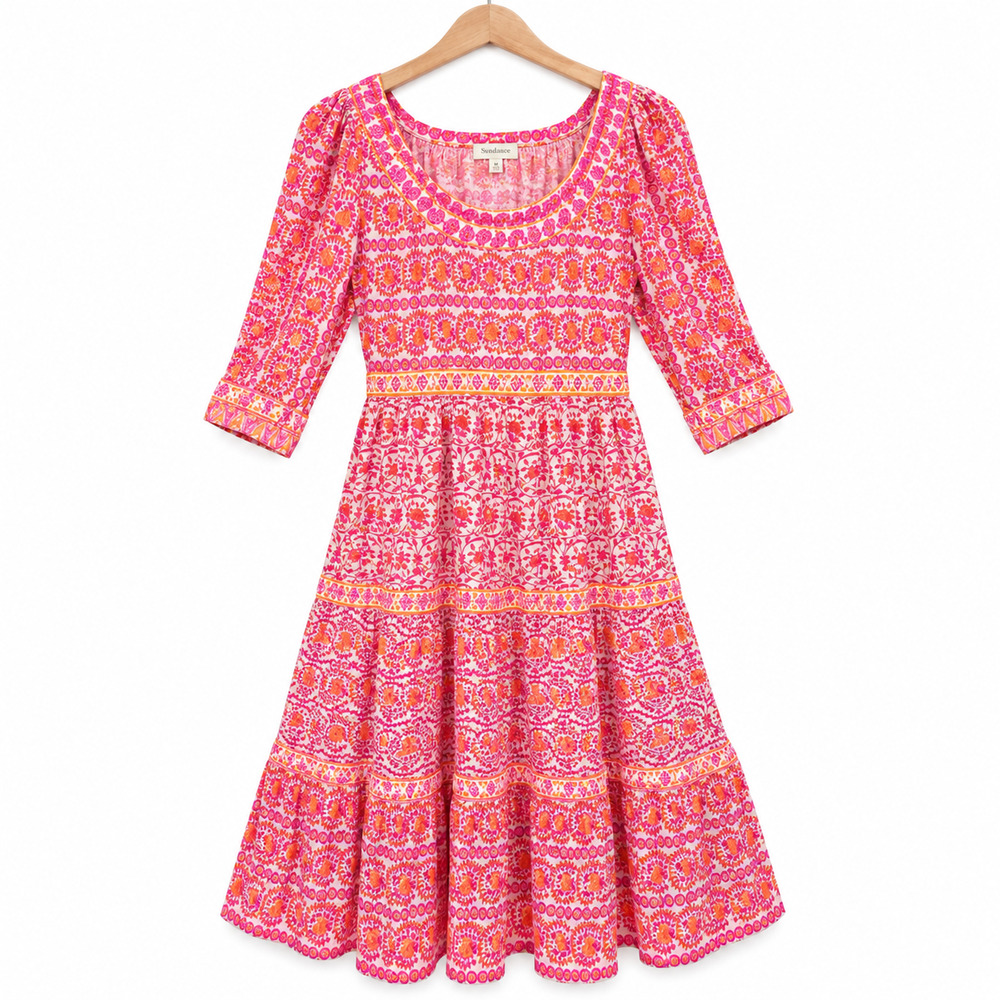 Gretchen Scott Dress Womens Size M Pink Floral Scoop Neck Midi Boho Cotton Lined